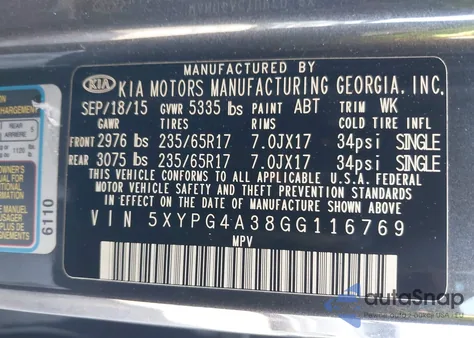 2016 Kia Sorento 2.4L Lx from USA, damaged, VIN 5XYPG4A38GG116769